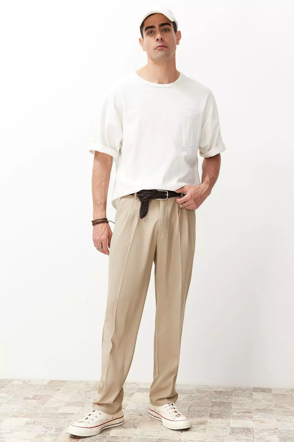 Beige Pleated Classic Baggy Fit Fabric Trousers TMNSS24PL00024