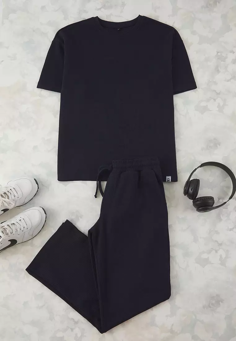 Indigo Oversize/Wide Cut Textured Tracksuit Set Tmnss25Em00010