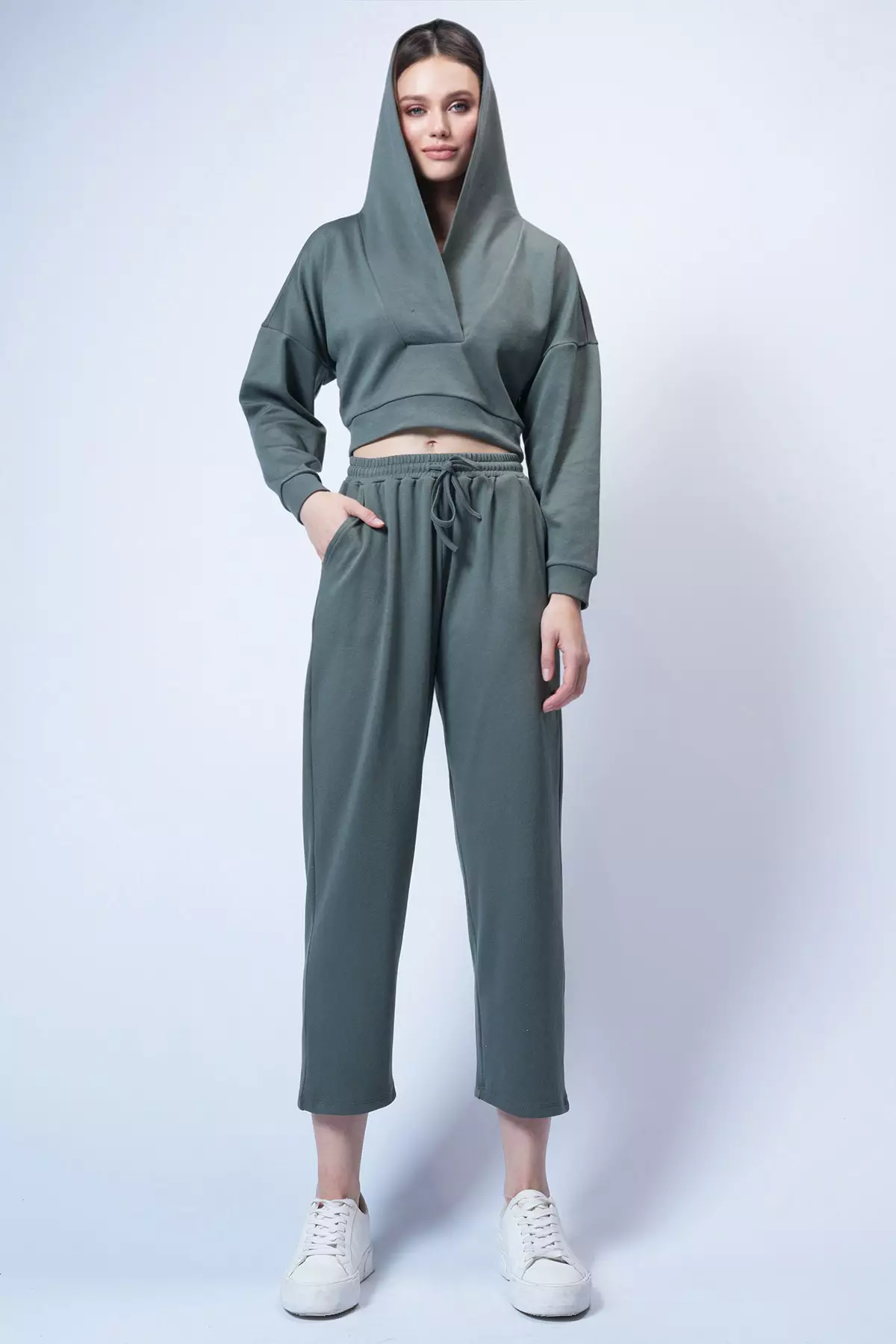 Walnut Green Double Breasted Collar Hooded Modal Suit - Alc-X13268