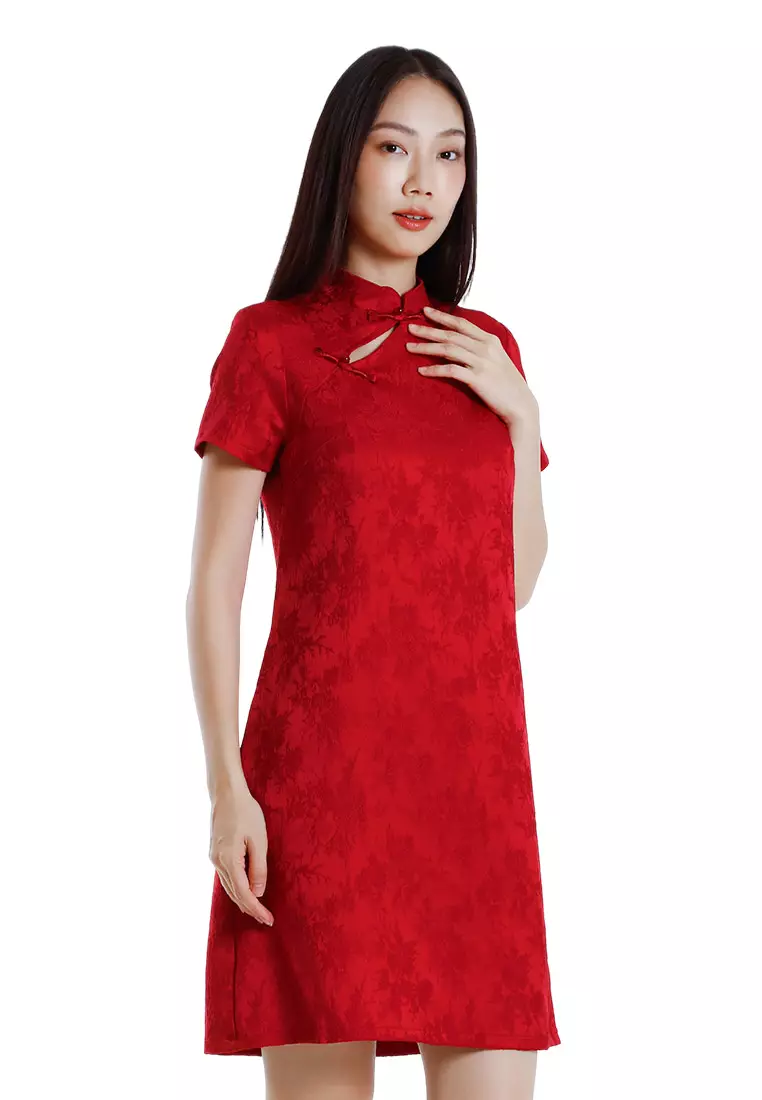 Forest Ladies Jacquard Cheongsam Dress Women A-Line Cheongsam - 885097-50DkRed