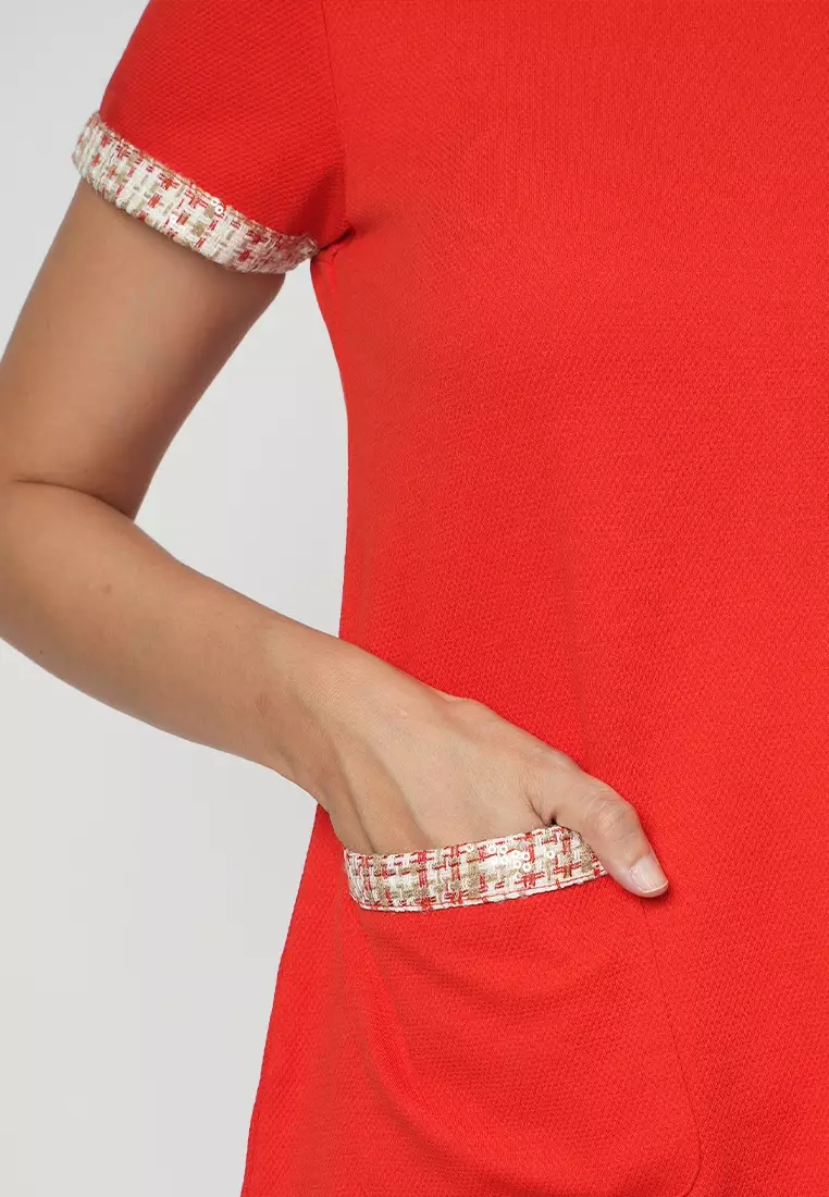 Telly Shift Dress with Contrast Print Pocket Lip and Sleeve