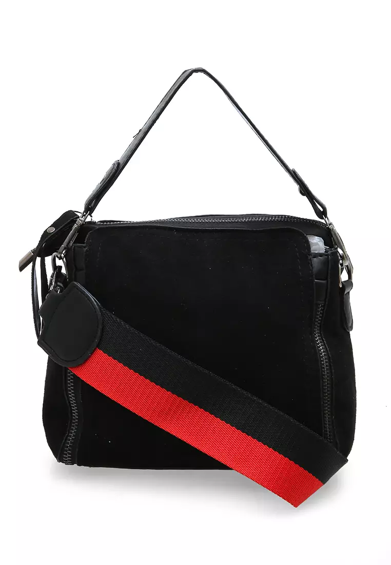Eilaria Tas Selempang Wanita Zipper Design Sling Bag Mini Material Beludru ORIGINAL - Black
