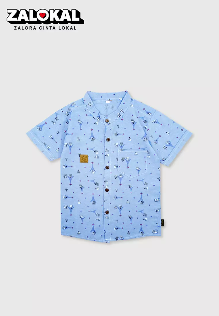 Wakakids Kemeja Anak Laki Laki Usia 1 Tahun Hingga 8 Tahun Atasan Baju Kerah Shanghai Mandarin Collar Motif Eiffel Tower Full Printing 4231 Vensk Biru