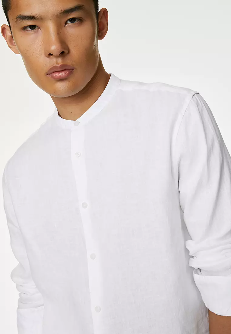 Jual Marks & Spencer Pure Linen Grandad Collar Shirt Original 2023 ...