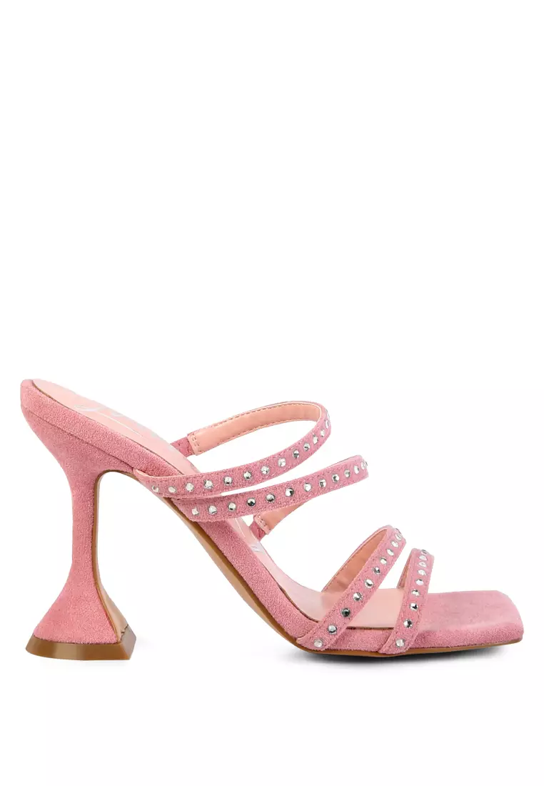 Pink Studded Mid Heel Multi Strap Sandals