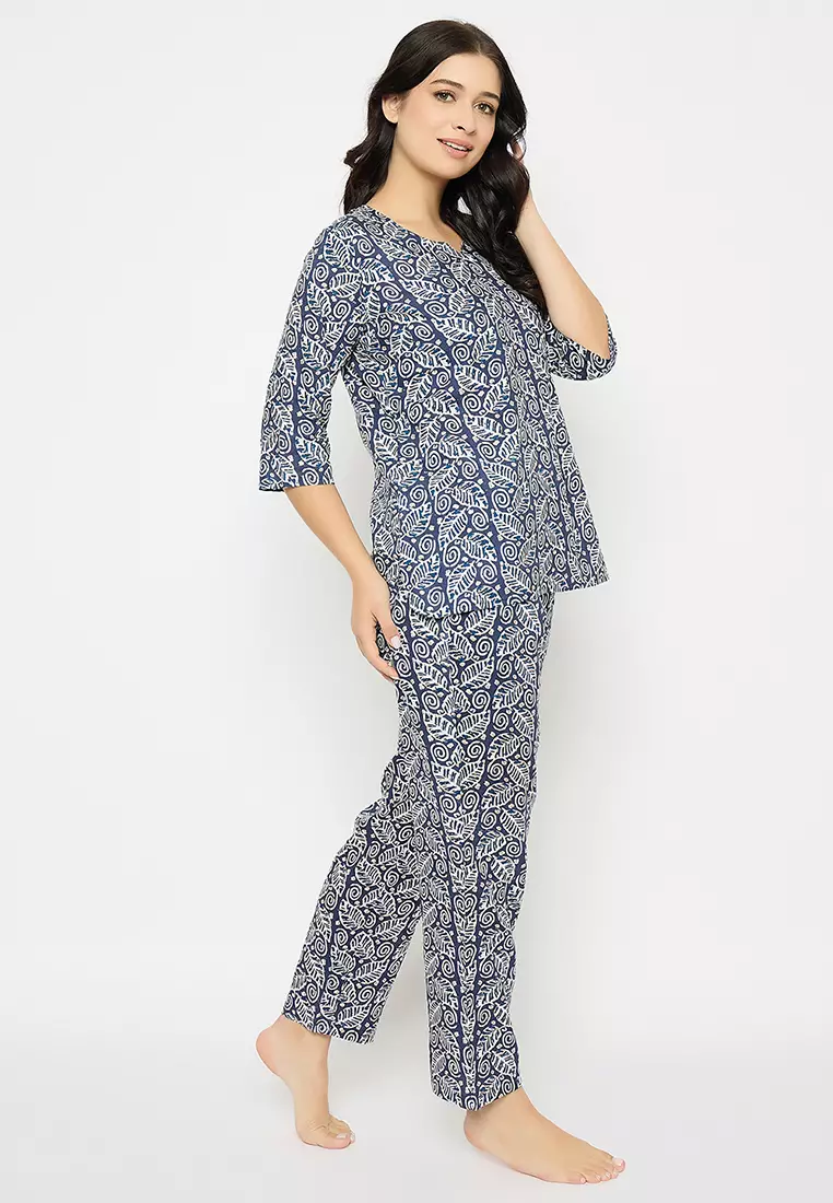 Clovia Leaf Print Top & Pyjama Set in Navy - Rayon