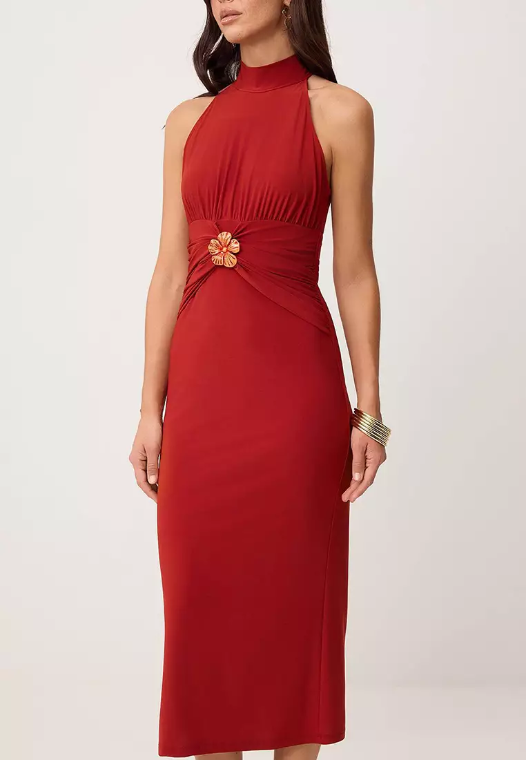 Tile Bodycon Halter Collar Sleeveless Accessory Detailed Midi Stretchy Knitted Dress Twoss26El267