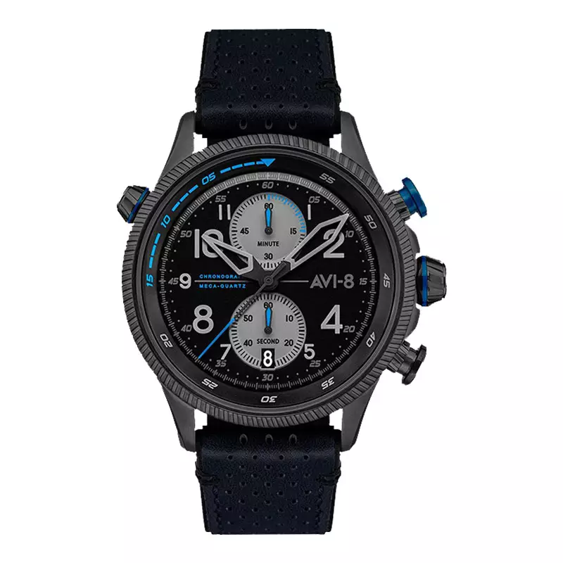 Jam Tangan Pria AVI 8 Hawker Hunter AV 4080 02 Duke Chronograph Men Black Dial Blue Leather Strap