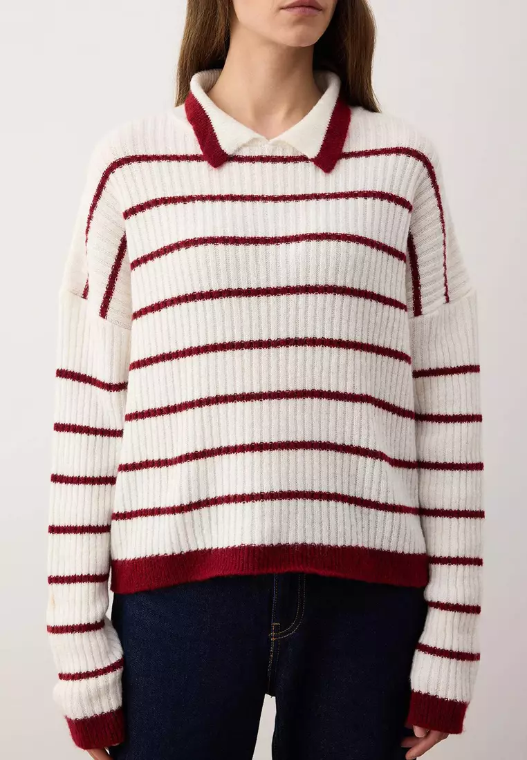 White Polo Neck Striped Knitwear Sweater Twoaw26Kz268