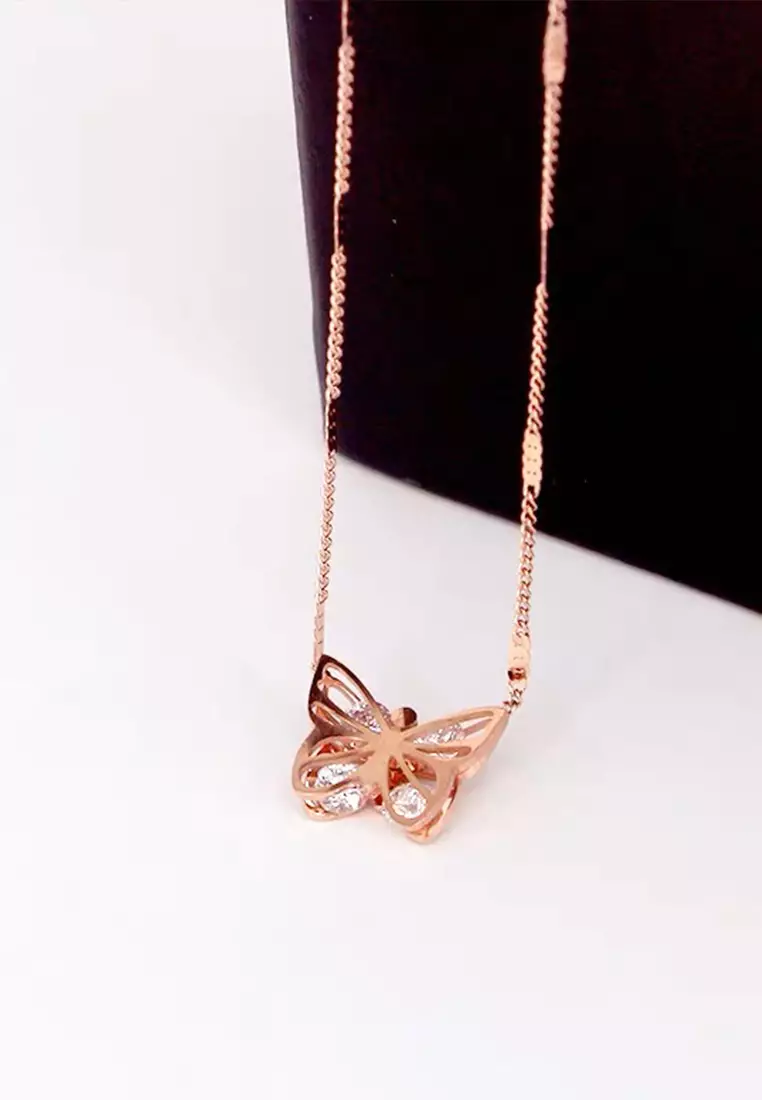 Angelette Butterfly with Zirconia Wings for Flower Pendant Chain Necklace in Rose Gold