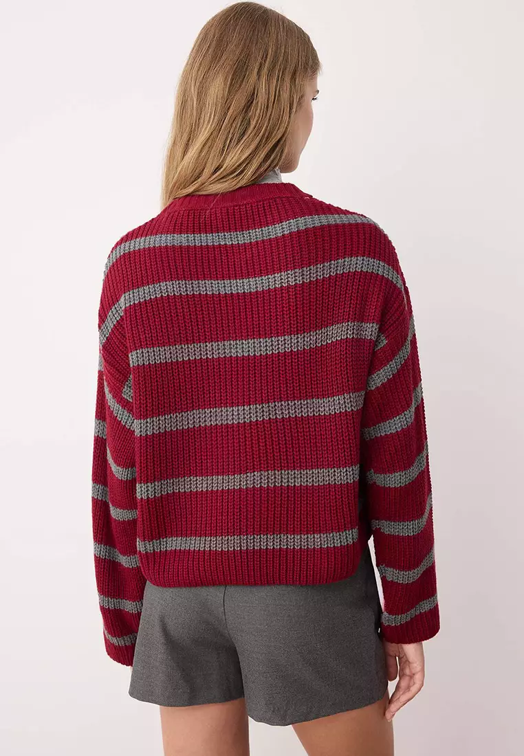 Burgundy Crop Basic Wide Fit Striped Knitwear Sweater