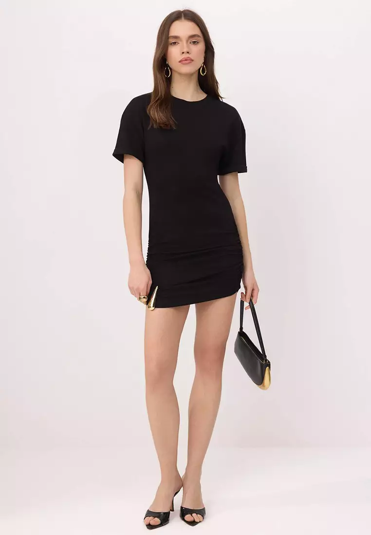 Black Bodycon Short Sleeve Accessory Detail Mini Soft Touch Knitted Dress Twoss26El561