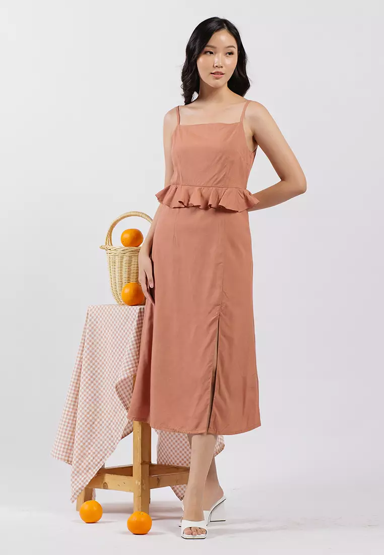 Ruffled Waist Slit Dress in Terracotta