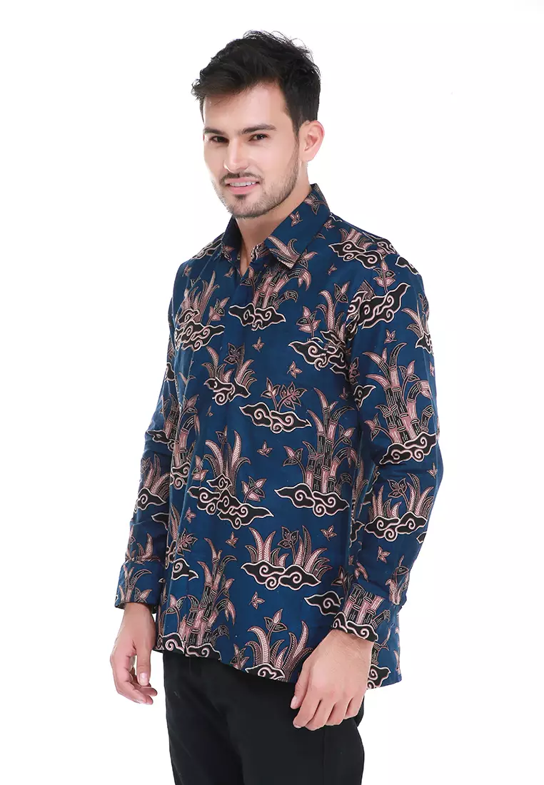 Dwan Kemeja Batik Pria Mega Mendung Atasan Formal Longsleeve Shirt Material Cotton ORIGINAL - Navy