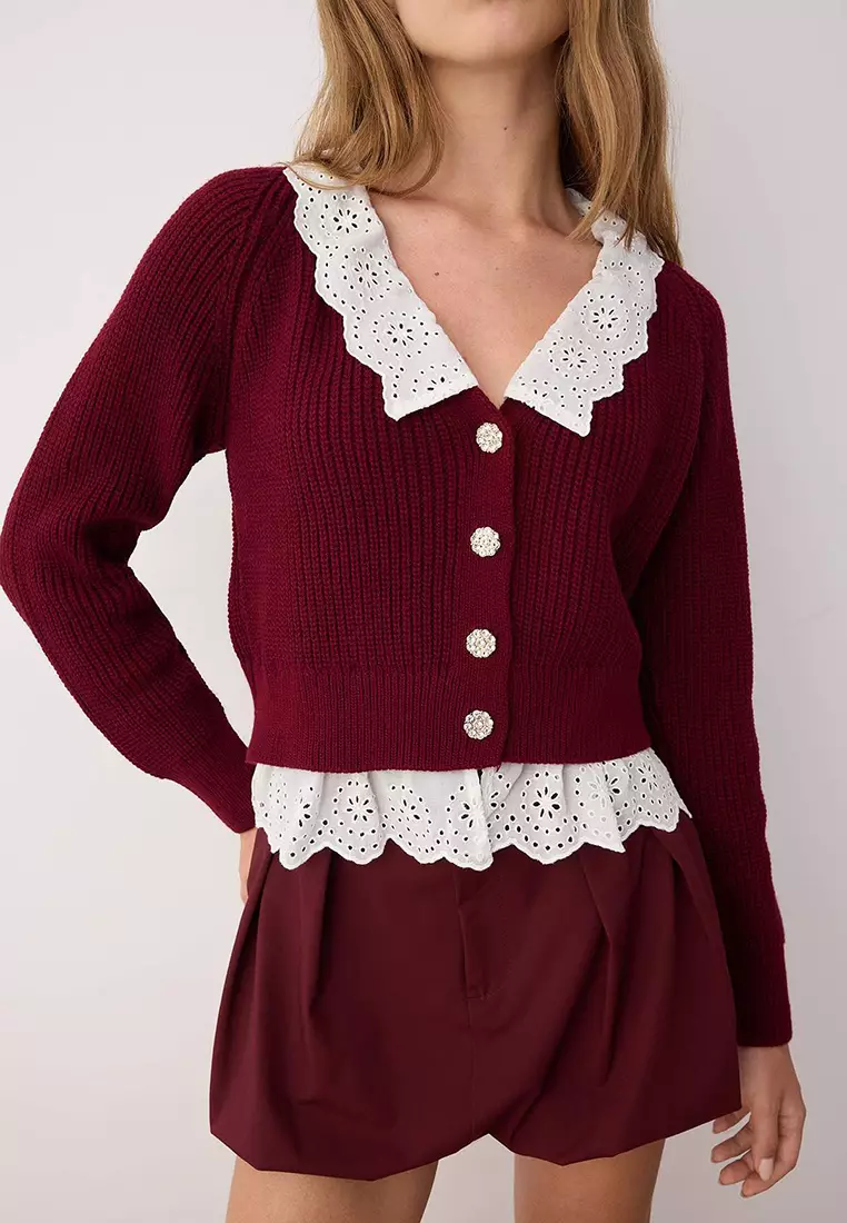 勃艮第酒紅 短版恤衫 綴飾細節 V領 針織外套