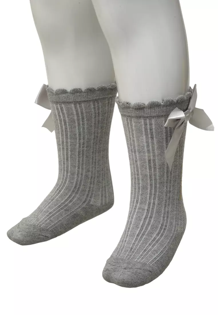 Candie Kaos Kaki Panjang Anak Perempuan Desain Pita Kids Socks Anti Slip Material Cotton ORIGINAL - Gray