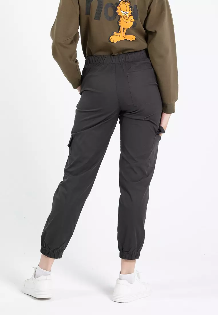 Forest Ladies Polyester Elastic Waisted Cargo Pants Women Casual Jogger Long Pants - 810494-03DkGrey