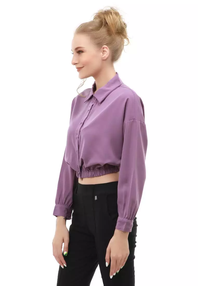 Holly Atasan Kasual Wanita Kemeja Lengan Panjang Shirt Long Sleeve Variasi Karet Pinggang Material Woven ORIGINAL - Lilac