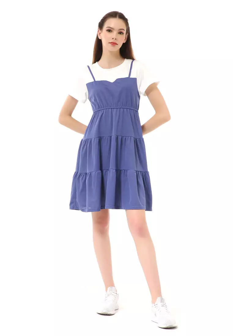 Rachel Midi Dress Wanita Lengan Pendek Model Menyatu Korean Style Material Cotton ORIGINAL - Blue
