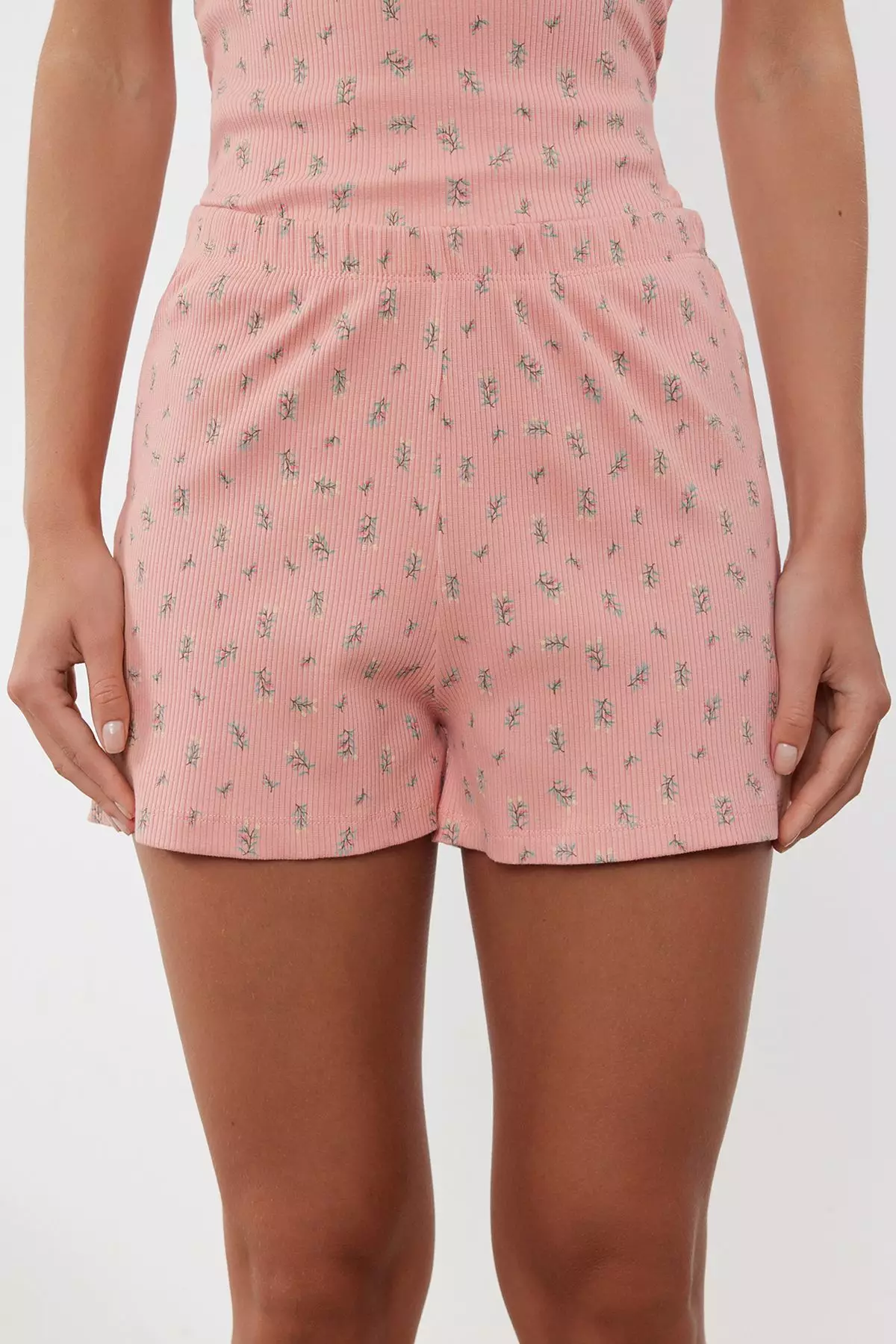 Powder 100% Cotton Floral Lace Rope Strap Ribbed Shorts Knitted Pajama Set THMSS24PT00062