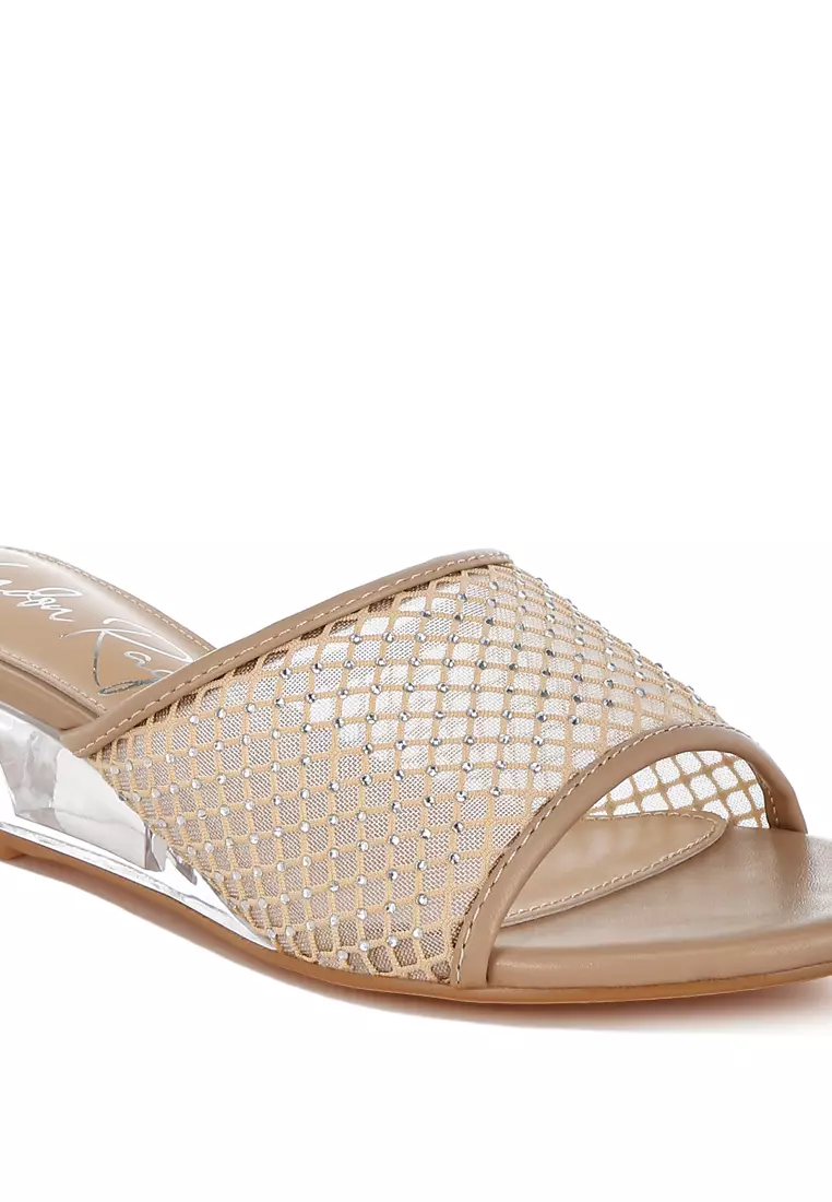 Sandal wedges hak bening berbahan jaring warna krem