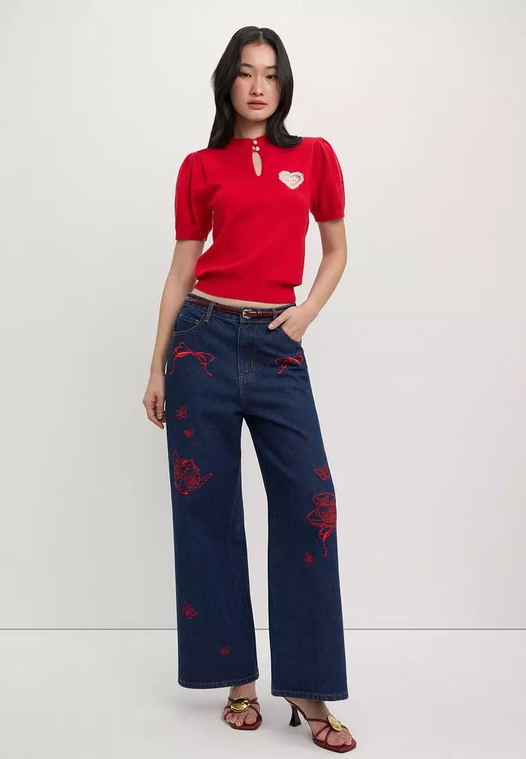 Heart Cut Out Knit Top - Red