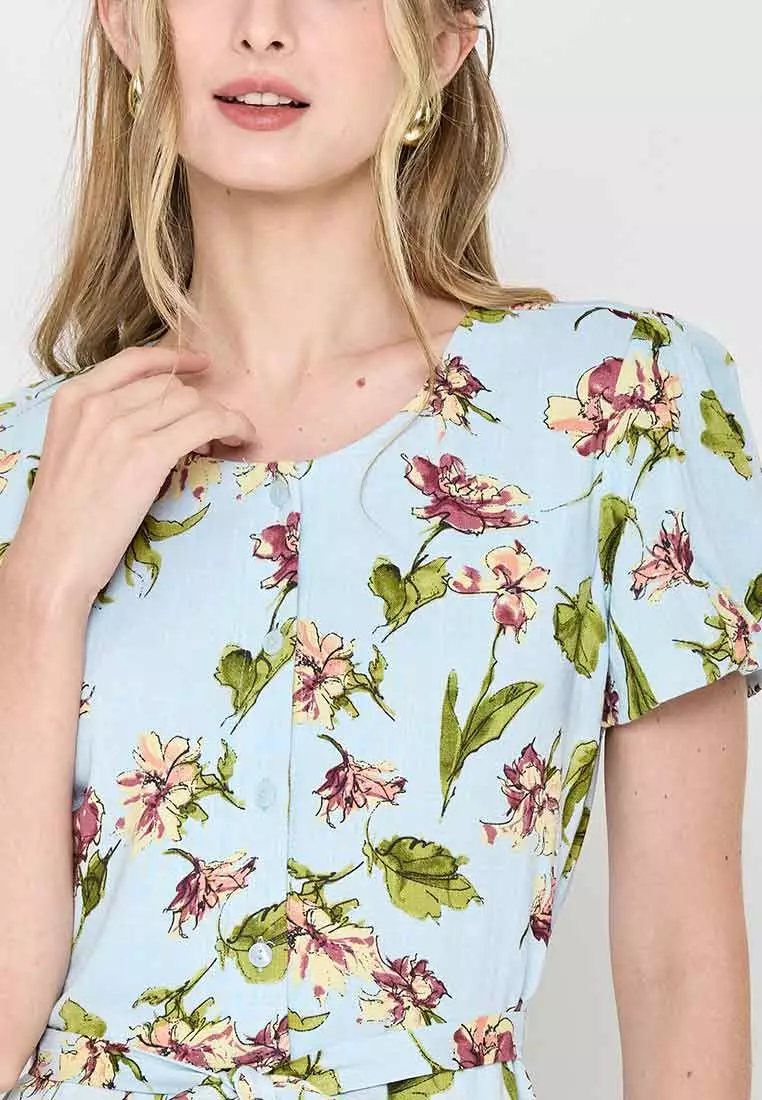 Lira Floral Print Pleated Short-Sleeve Dress