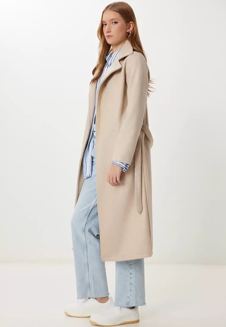 Women's Beige Double Breasted Collar Belted Cashmere Coat Mx00253
