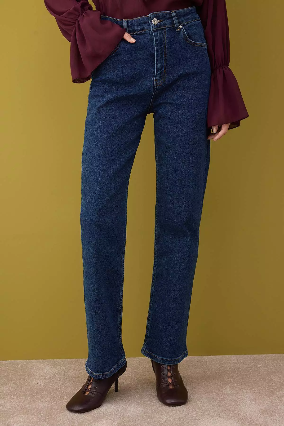 Dark Blue High Waist Comfort/Flexible/Relaxed Straight Cut Straight Leg Jeans Twoaw26Je00062