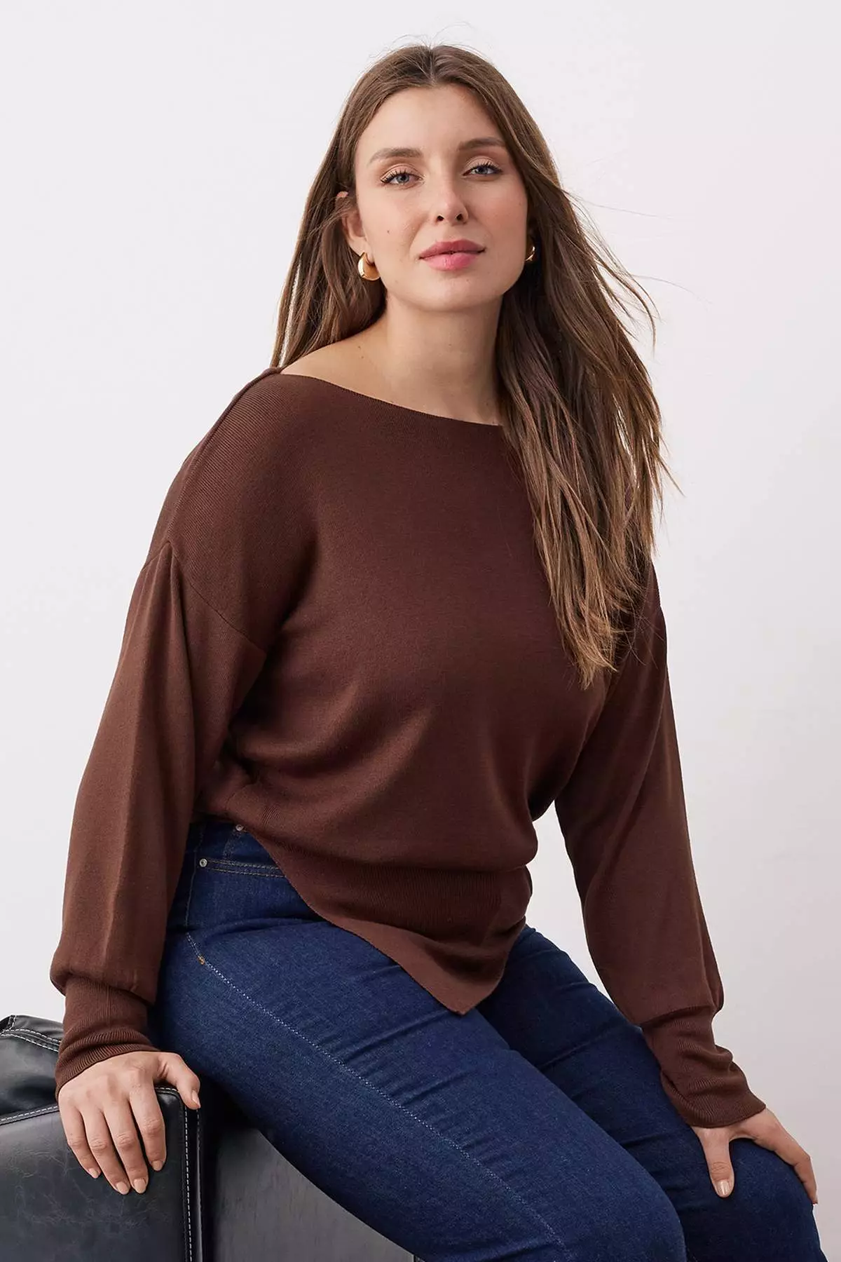Brown Mercerized Look Boat Neck Slit Detailed Knitwear Sweater