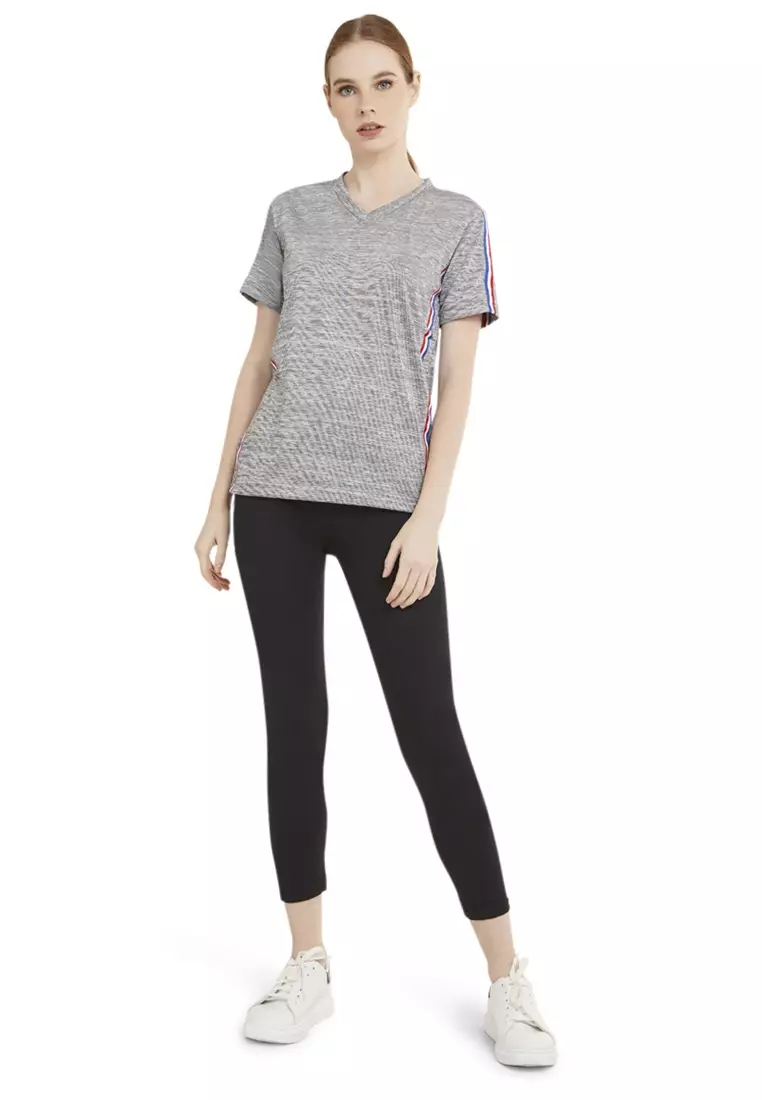 Marsya T-shirt Lengan Pendek Wanita V-neckline Aksen List Baju Atasan Regular Fit - Abu