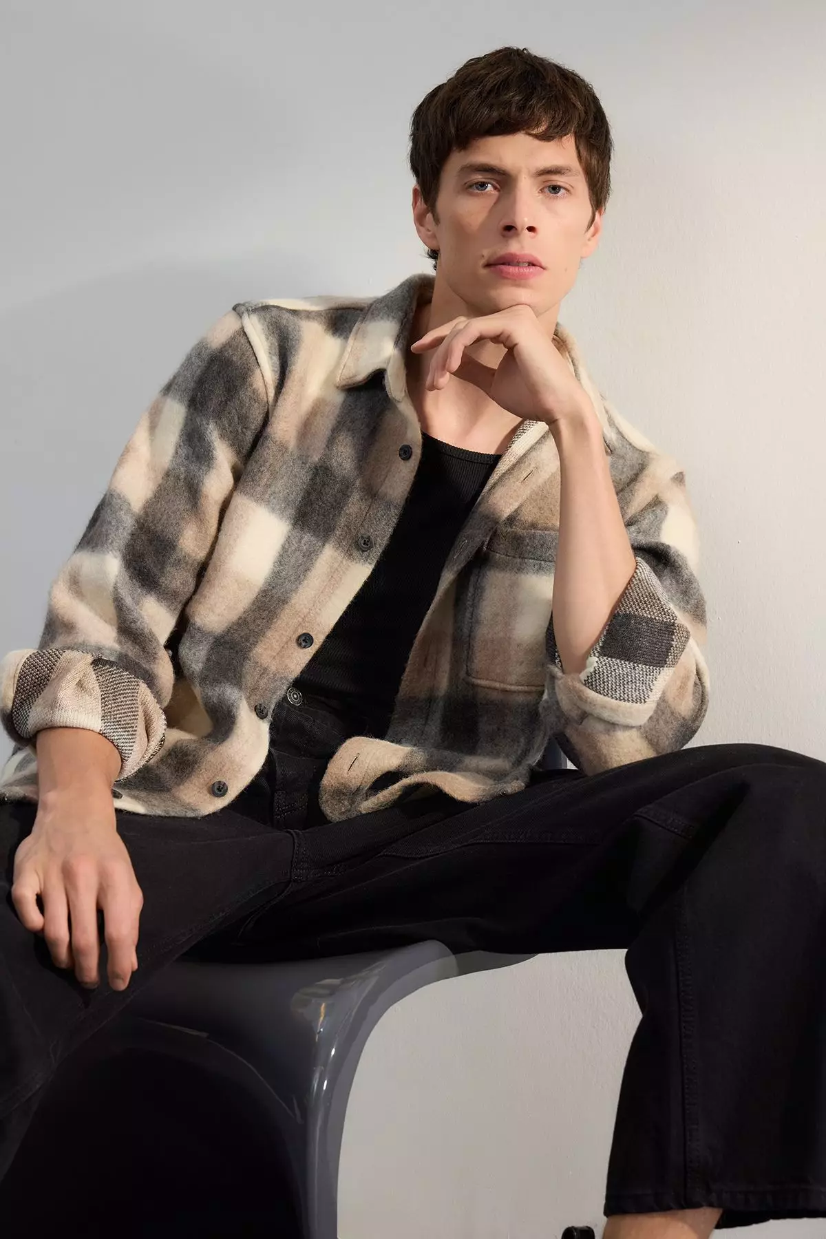 Beige Unisex Regular Fit Winter Plaid Lumberjack Shirt Jacket TMNAW25GO00026