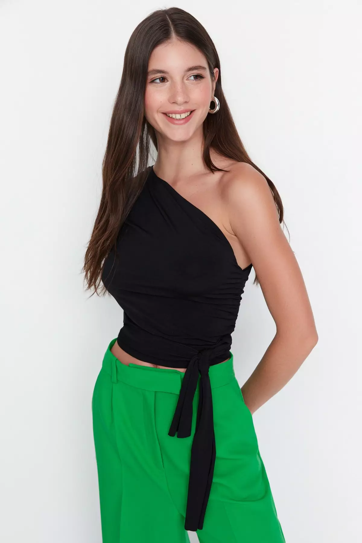 One Shoulder Tie-Up Fitted Knitted Top