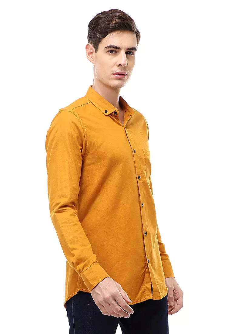 Dwan Atasan Kasual Kemeja Polos Pria Slim Fit Lengan Panjang Material Cotton ORIGINAL - Mustard