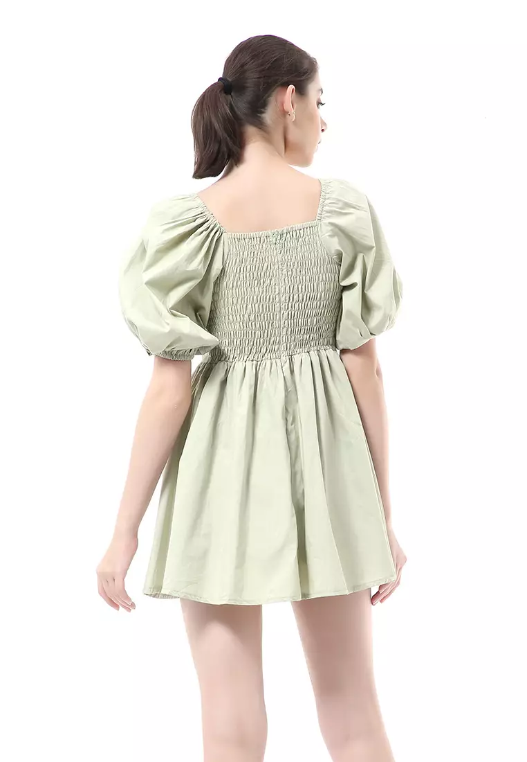 Rachel Dress Wanita Ballerina Pluffy Baloon Sleeve Simple Elegant Material Cotton ORIGINAL - Soft Green