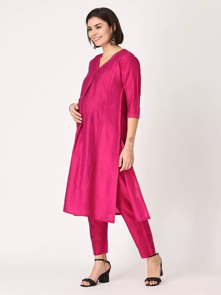 Embroidered Maternity Silk Kurta Set with Nursing - Magenta