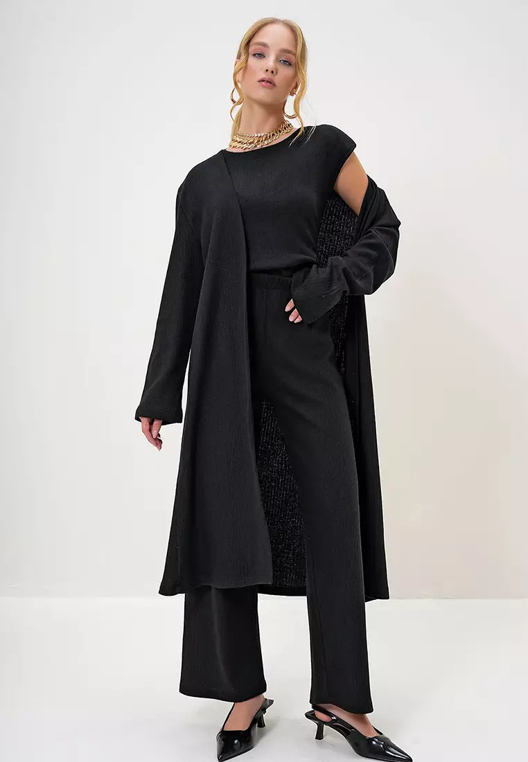Bike Neck Blouse Trousers and Cardigan Set Suit