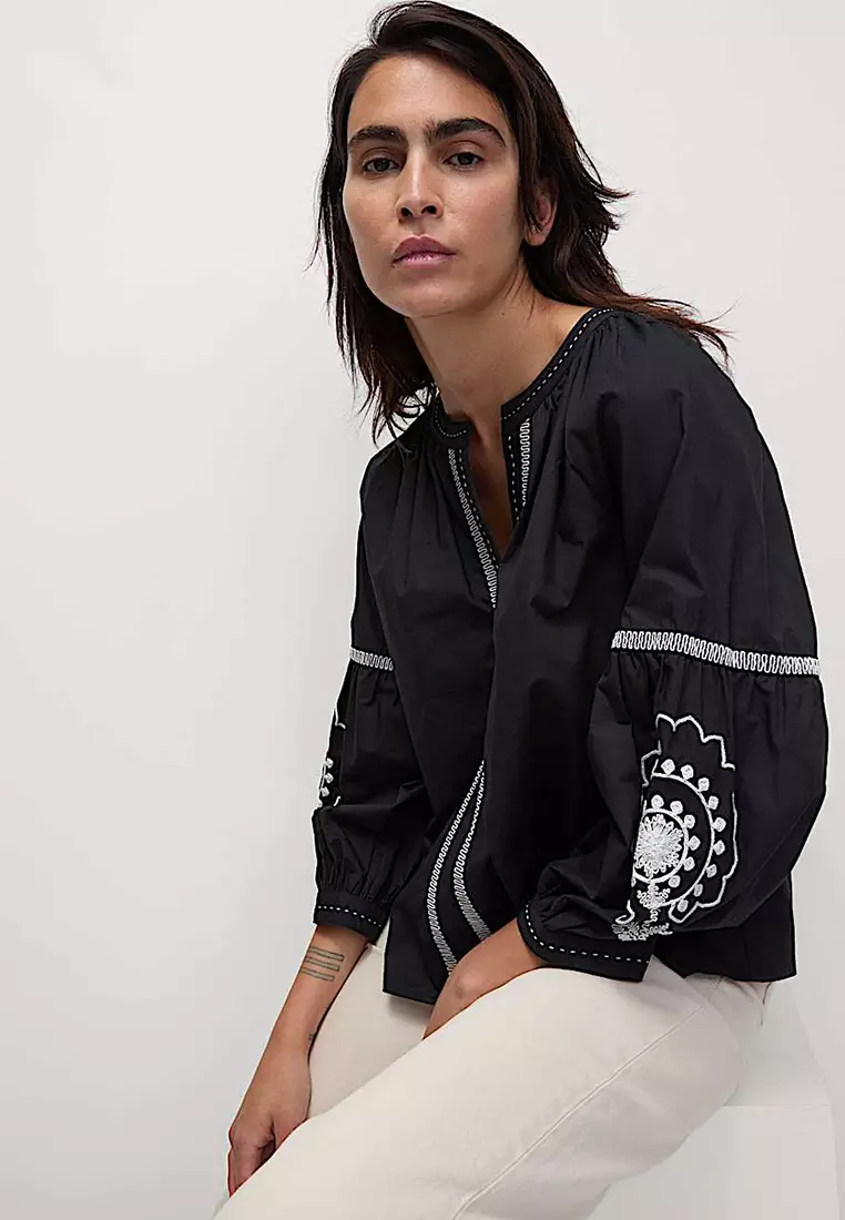 Pure Cotton Embroidered V-Neck Blouse