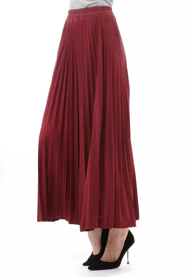 Skirt Plisket Bawahan Wanita Motif Polos Relaxed Fit - Maroon