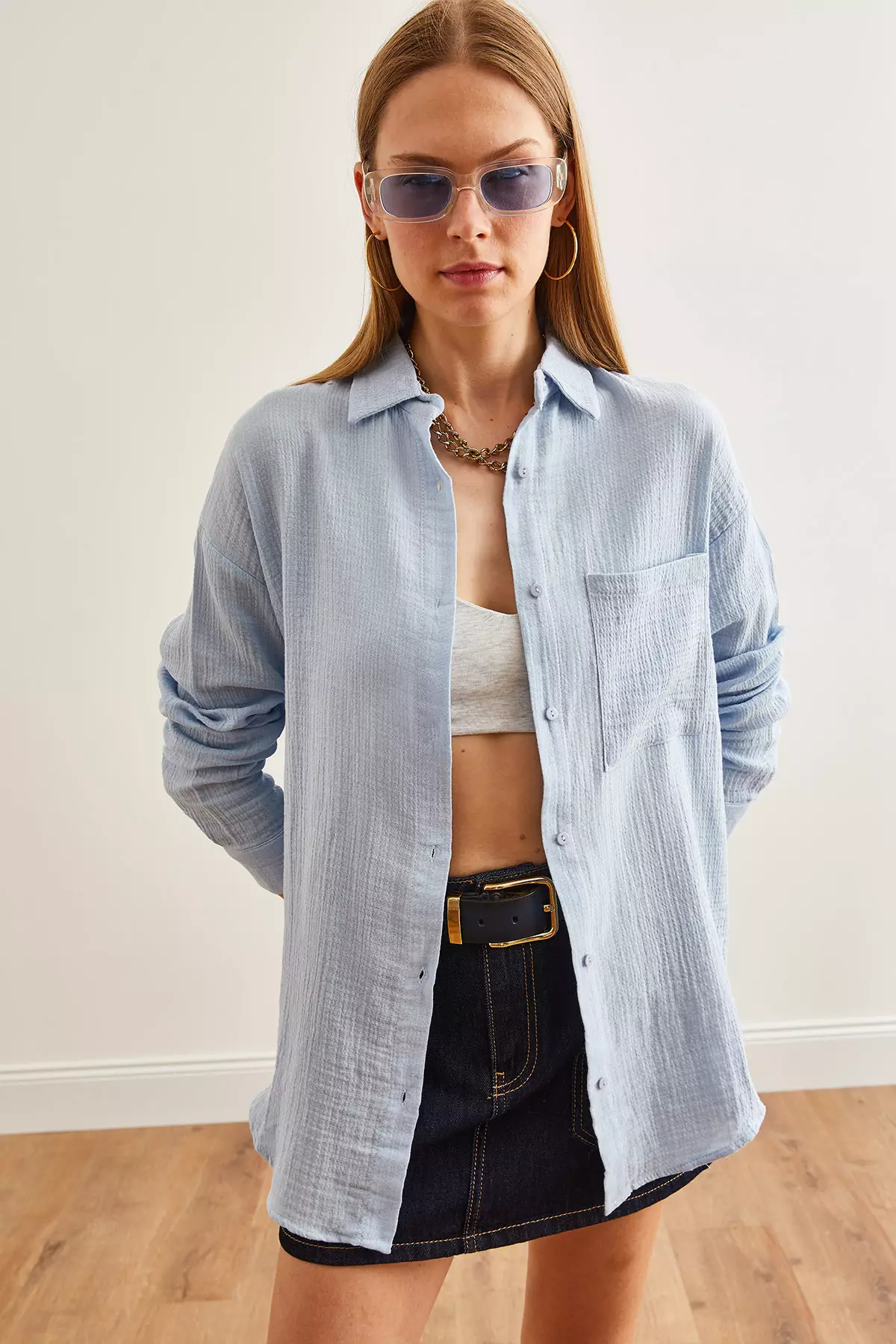 Oversize Ice Blue Muslin Women's Shirt - Gml-19001217