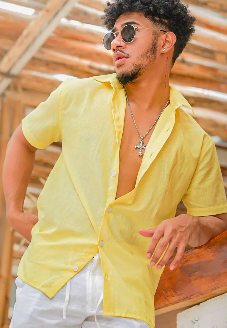 Pineapple Kemeja Linen Lengan Pendek Pria kuning | Linen Short Sleeve Shirt Men Yellow