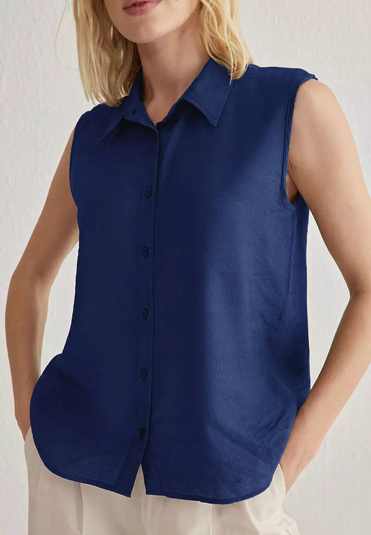 Navy Blue Zero Sleeve Linen Look Regular Regular Fit Woven Shirt Twoss25Go00097