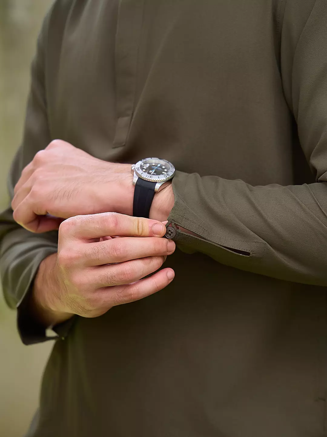 OXCON Kemeja koko Tangan Panjang Collarless Azfar Army