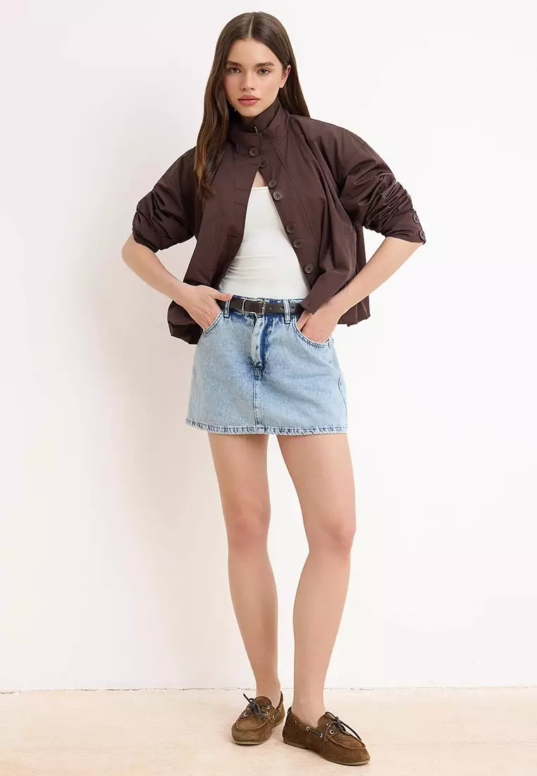 Light Blue Belt Detailed Denim Skirt With Skirt-Like Back Design Twoaw26Sr2