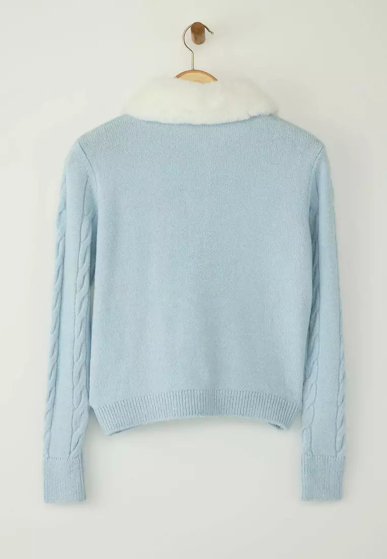 Blue Crop Fur Detailed Fitted/Body Wrap Knitwear Cardigan