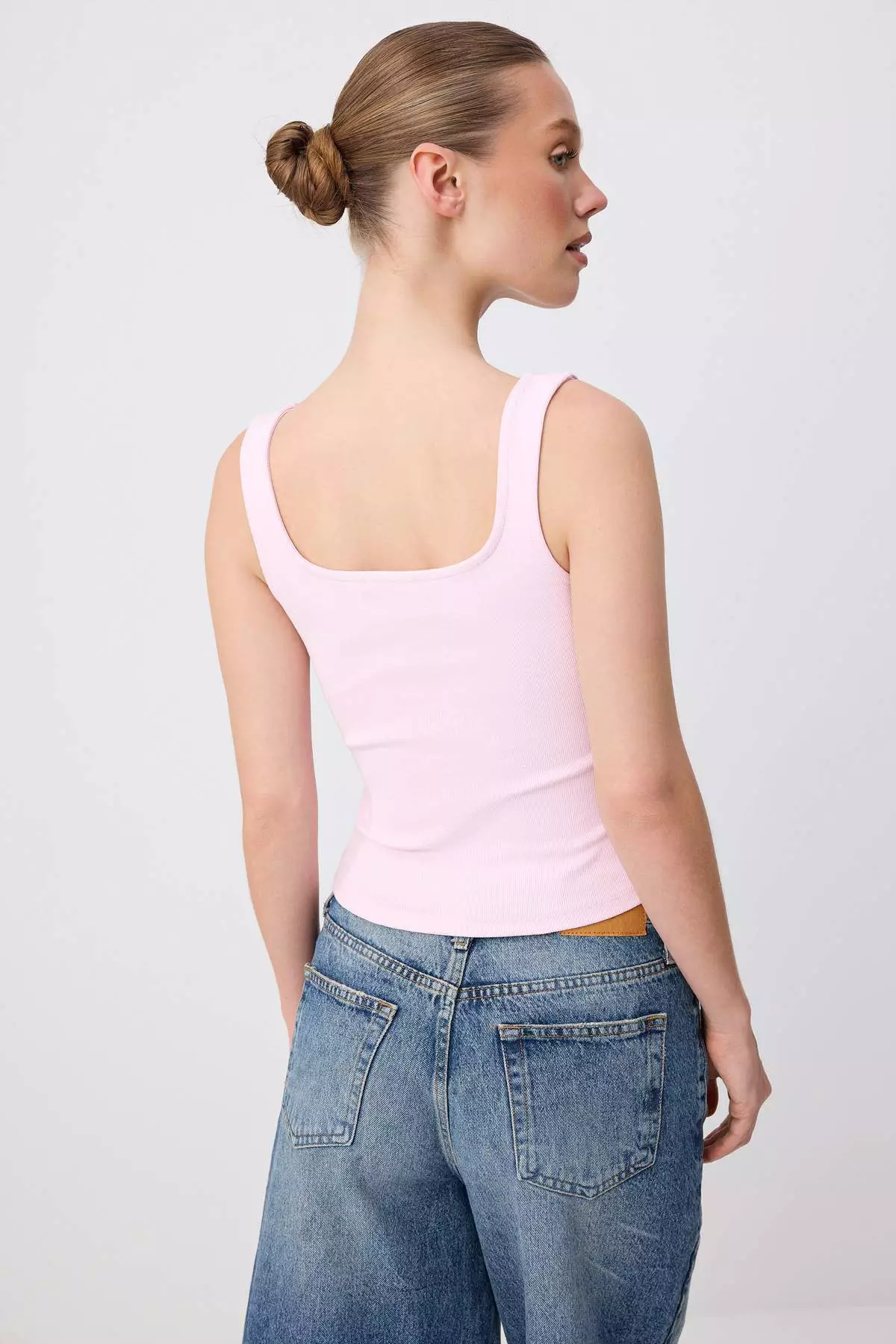 Pink Plain Fitted Square Neck Standard Sleeve Sleeveless Ribbed Stretchy Knitted Undershirt Twoss26Al00097