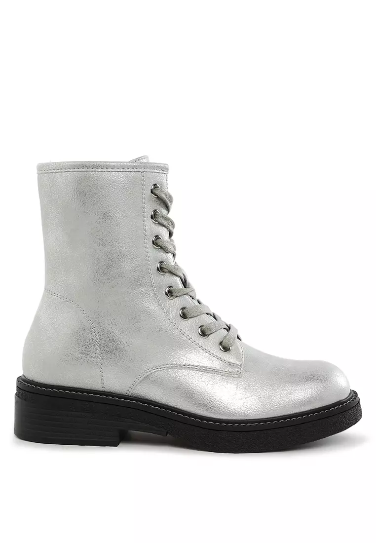 Discount on London Rag  shoes - SKU: Metallic Texture Lace Up Boots in Silver