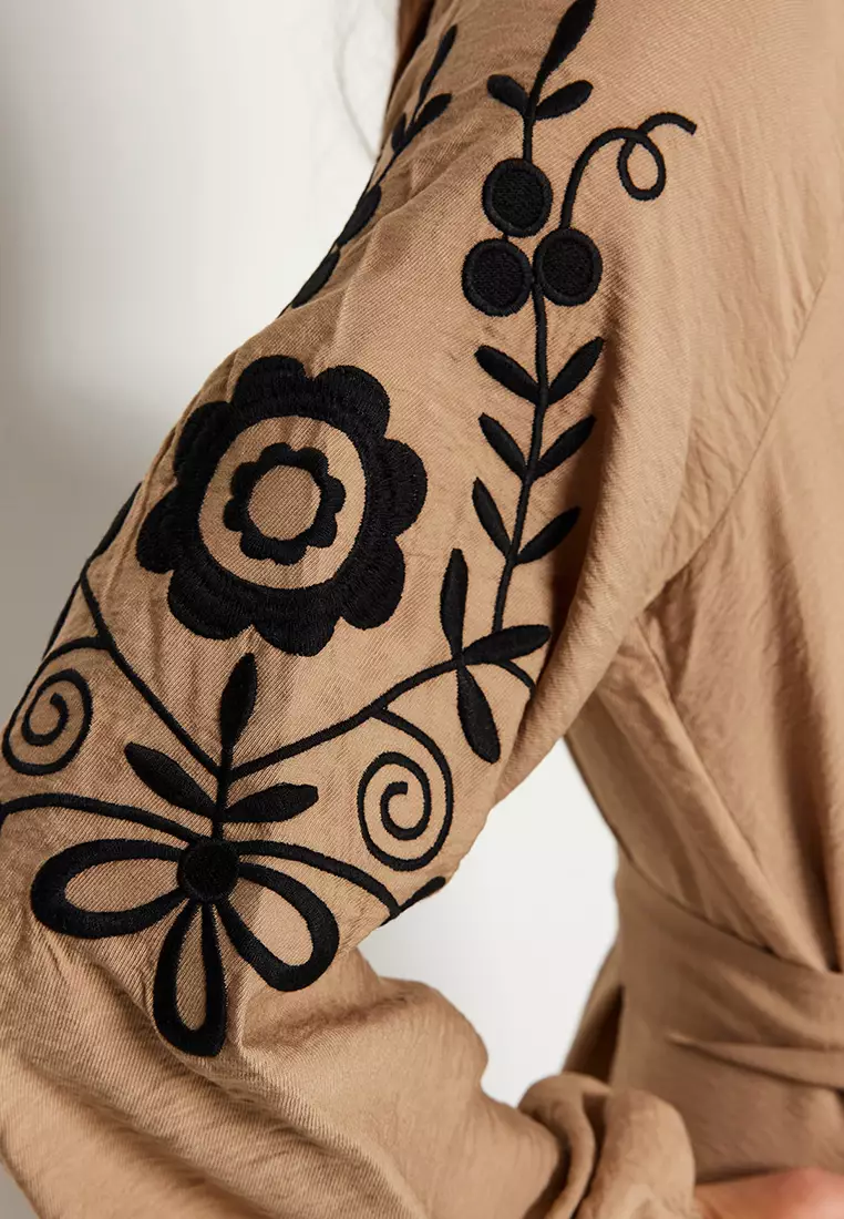 Buy Trendyol Beige Belted Embroidery Detail Wide Fit Woven Dress Online