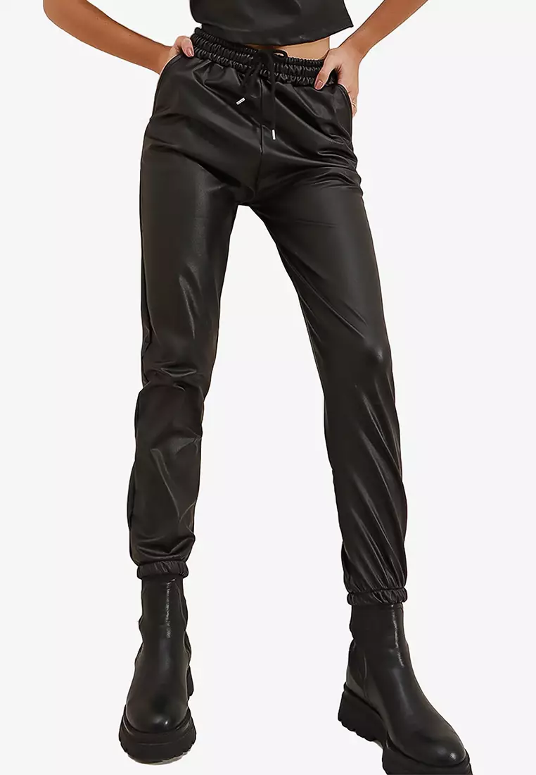 Tall Black Faux Leather Pocket Detail Joggers