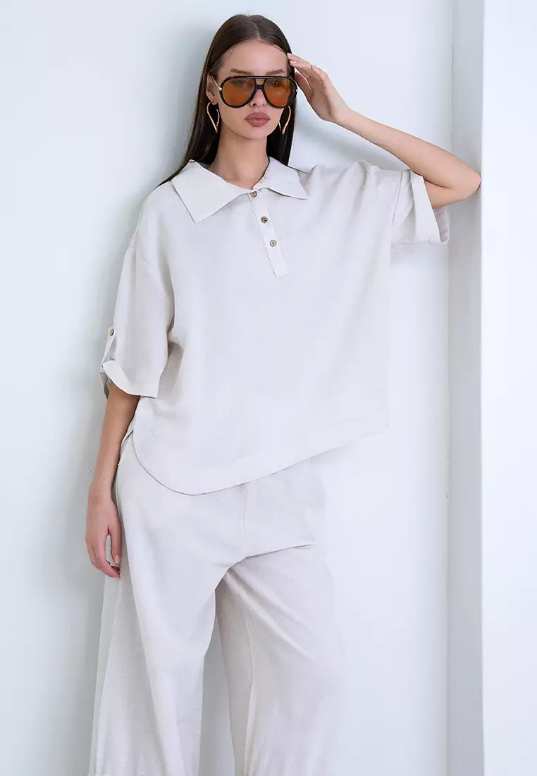 Polo Collar Wide Cut Linen Blouse with Folded Cuffs
